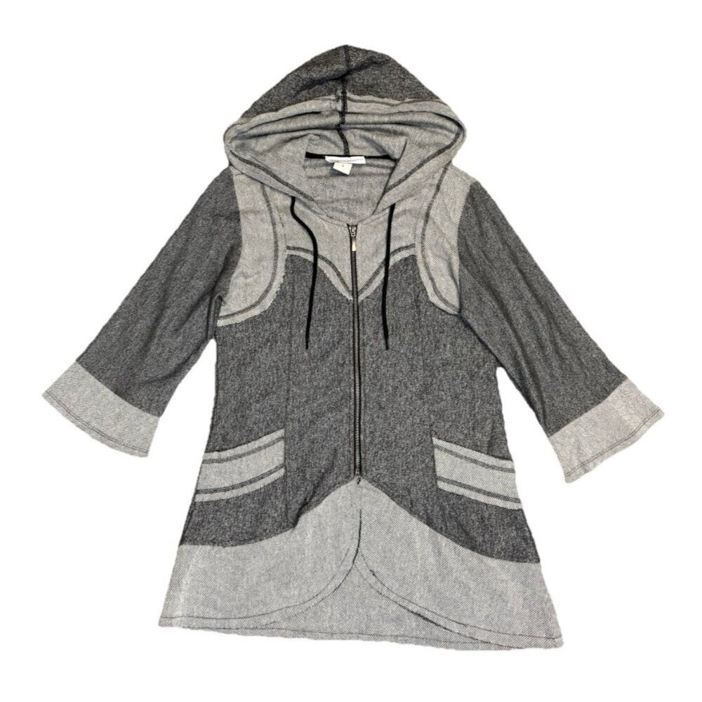 Vintage Y2K Gray Colorblock Hooddie Tunic Top Full Zip Combed Cotton Grunge S